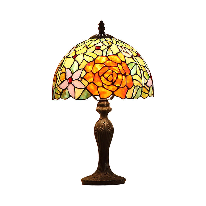 Tiffany-Style Art Glass Dome Night Lamp - Dark Brown Handcrafted With Bloom Pattern