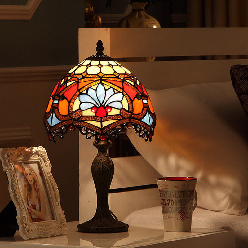 Dark Brown Tiffany Style Living Room Table Lamp With Painted Parrot Cut Glass Shade
