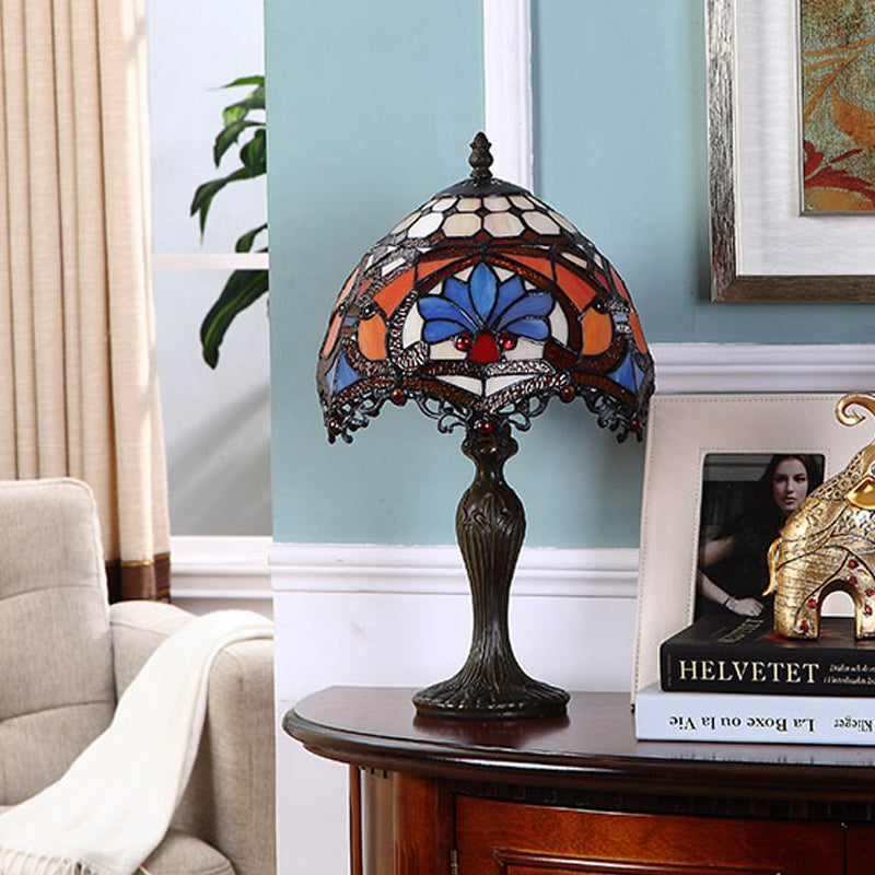 Dark Brown Tiffany Style Living Room Table Lamp With Painted Parrot Cut Glass Shade