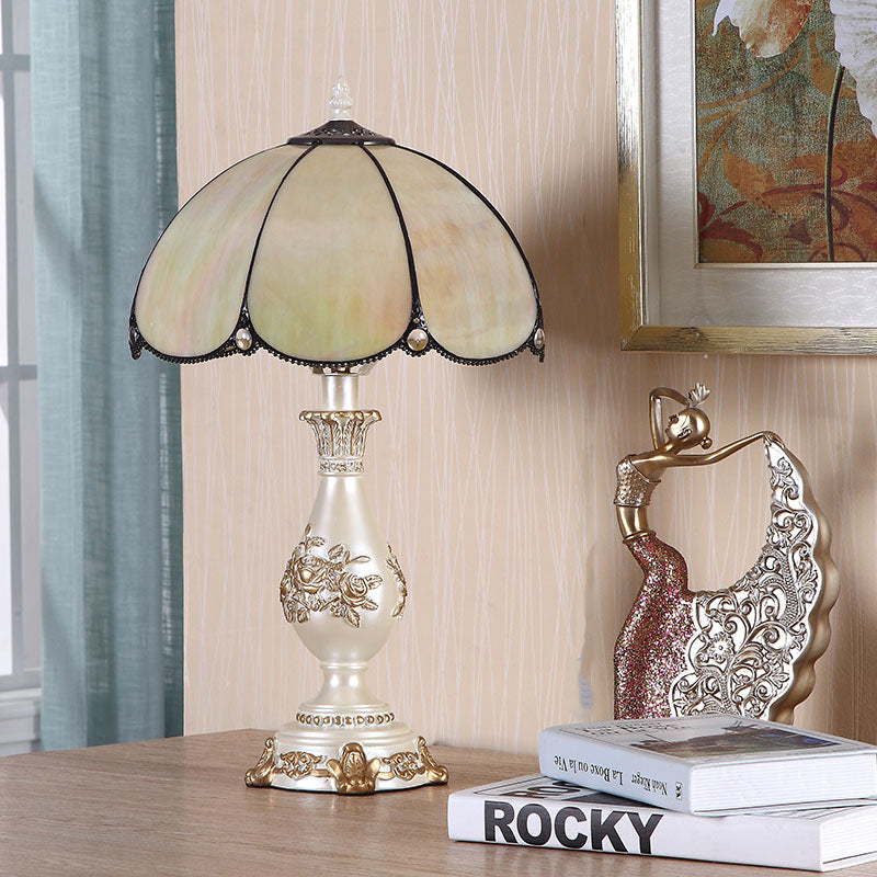 Petals Nightstand Light: Single-Bulb Beige Glass Table Lamp With Carved Vase Base White-Gold