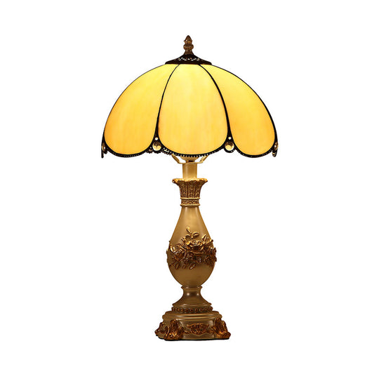 Petals Nightstand Light: Single-Bulb Beige Glass Table Lamp With Carved Vase Base