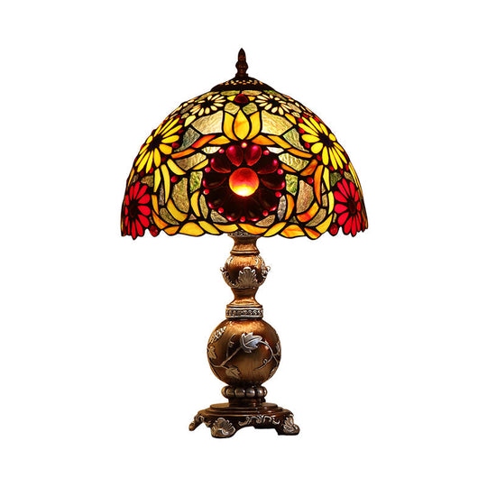 Chrysanths Tiffany Stained Glass Table Lamp - Brown Night Stand Light With Dome Shade