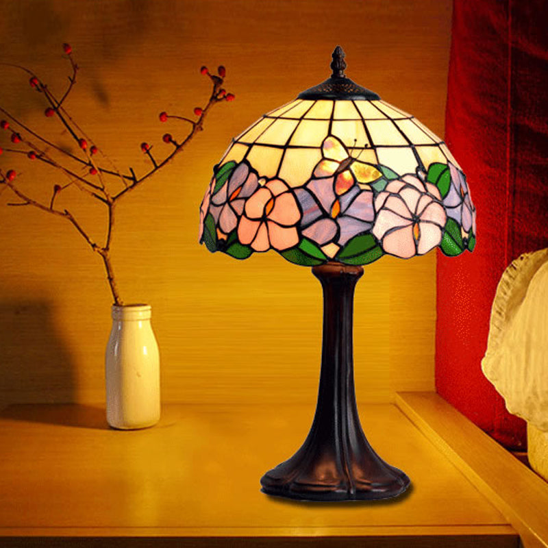 Tiffany Grid Shade Table Lamp: Hand-Crafted Glass 1-Light Night Light With Flower And Butterfly