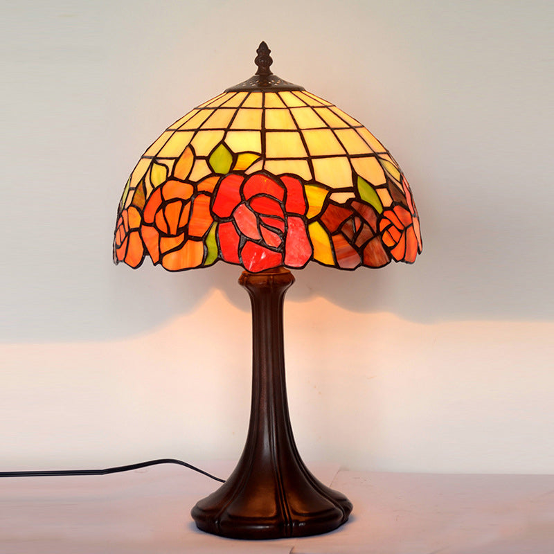 Stunning Tiffany Roseborder Stained Glass Night Lamp With Grid Lampshade - Coffee Table Lighting