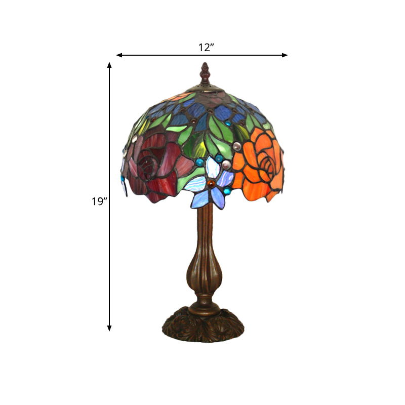 Victorian Blossom Table Lamp With Multicolored Stained Glass - Elegant 1-Head Nightstand Light