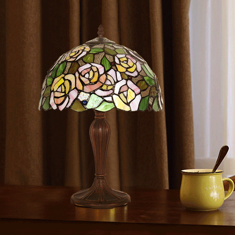 Bronze Tiffany Stained Glass Peony Table Lamp With Dome Shade