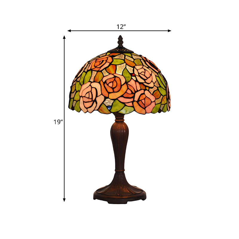 Marina - Bronze Bronze Single Nightstand Light Tiffany Stained Art Glass Peony Table Lamp with Dome Shade