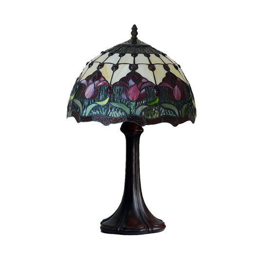 Tiffany Style Stained Glass Night Lamp - Flower Patterned Table Light Bronze Finish
