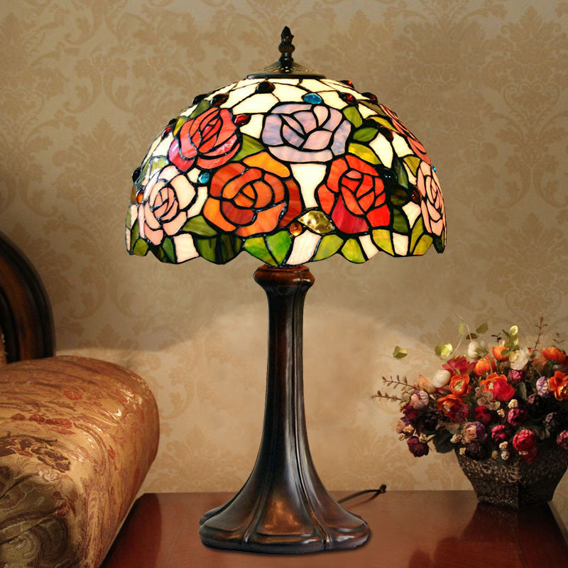 1-Head Tiffany Bronze Handcrafted Art Glass Table Lamp - Jeweled Nightlight With Blossom Pattern