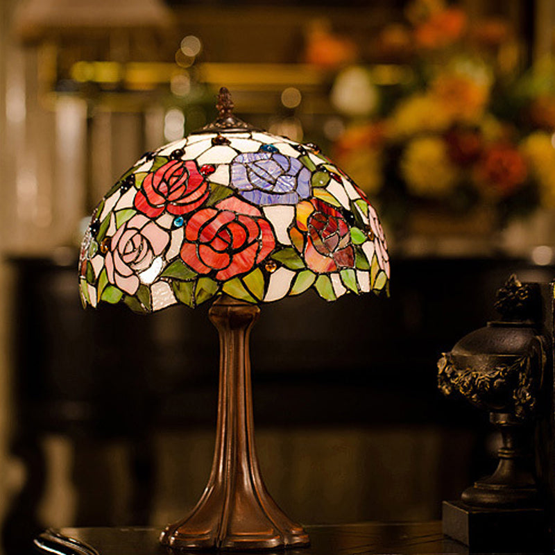 Alphecca - Tiffany 1-Head Jeweled Table Lamp Tiffany Bronze Handcrafted Art Glass Night Lighting with Blossom Pattern