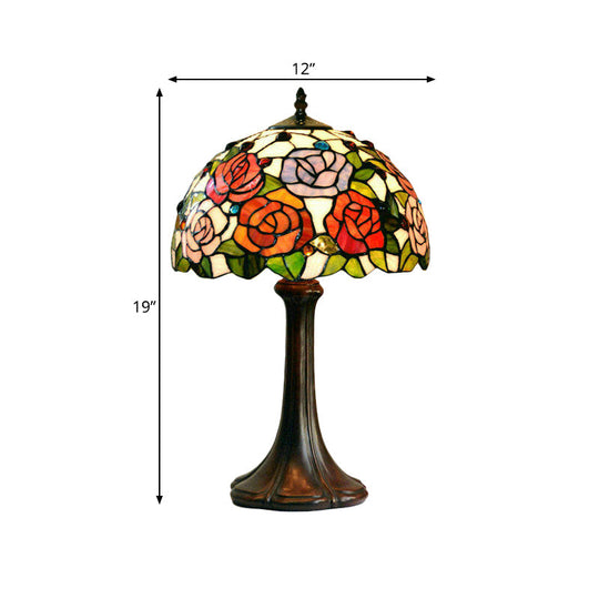 1-Head Tiffany Bronze Handcrafted Art Glass Table Lamp - Jeweled Nightlight With Blossom Pattern