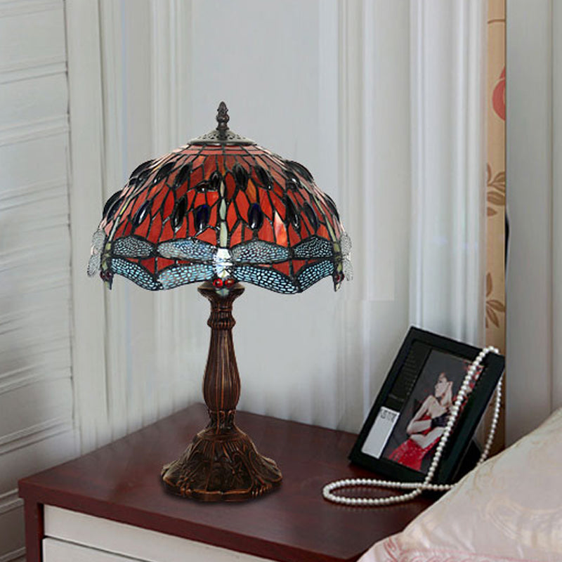 Laburnum Tiffany Nightstand Lamp With Red Glass Shade And Cabochons In Bronze