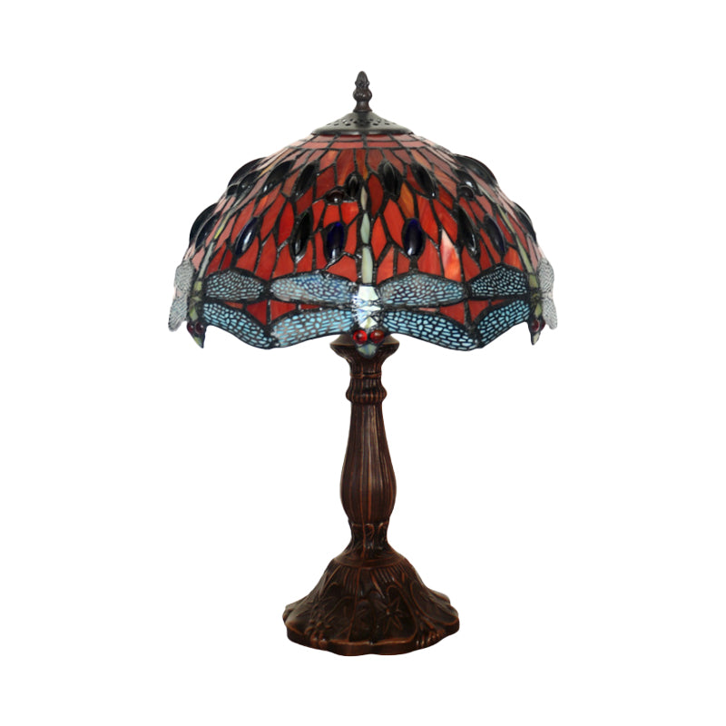 Giedi - Laburnum Laburnum Table Light 1-Light Red Glass Tiffany Nightstand Lamp with Gem-Like Cabochons in Bronze