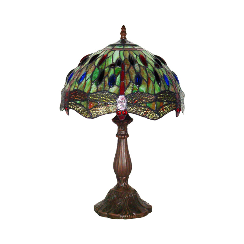 Lounge Night Lamp With Dragonfly Green Stained Glass Shade - Tiffany Bronze Table Light