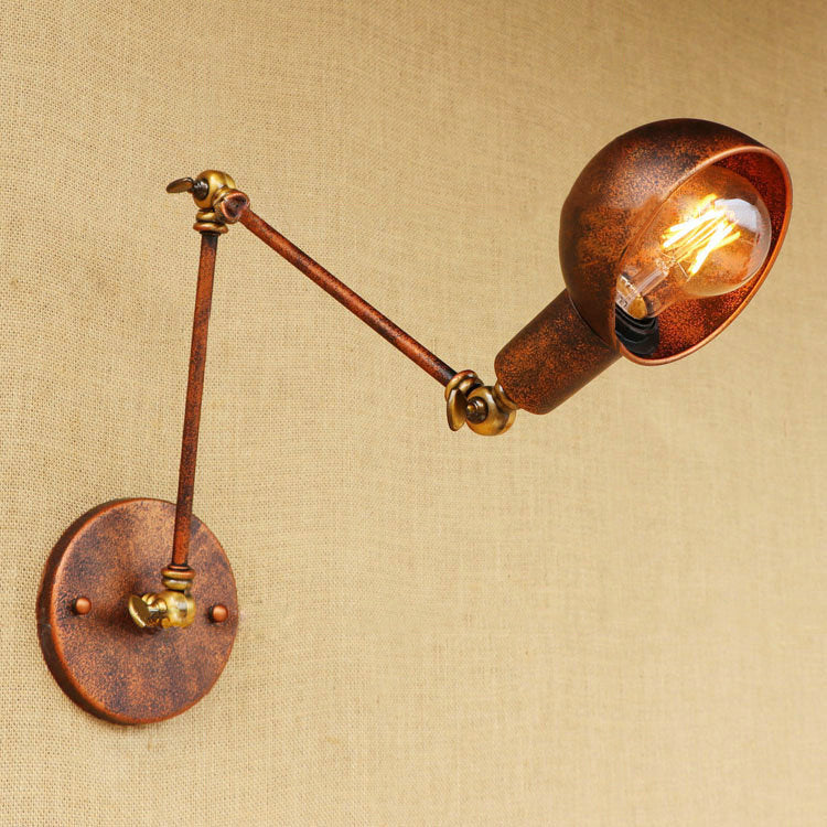 Antique Rust Metal Wall Sconce With Swing Arm For Study Room - 1 Light Bowl Fixture / 8+8
