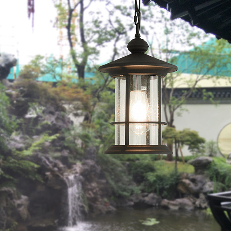 Lodge Lantern Pendant Lamp - 1-Bulb Clear Glass Ceiling Suspension Black Balcony