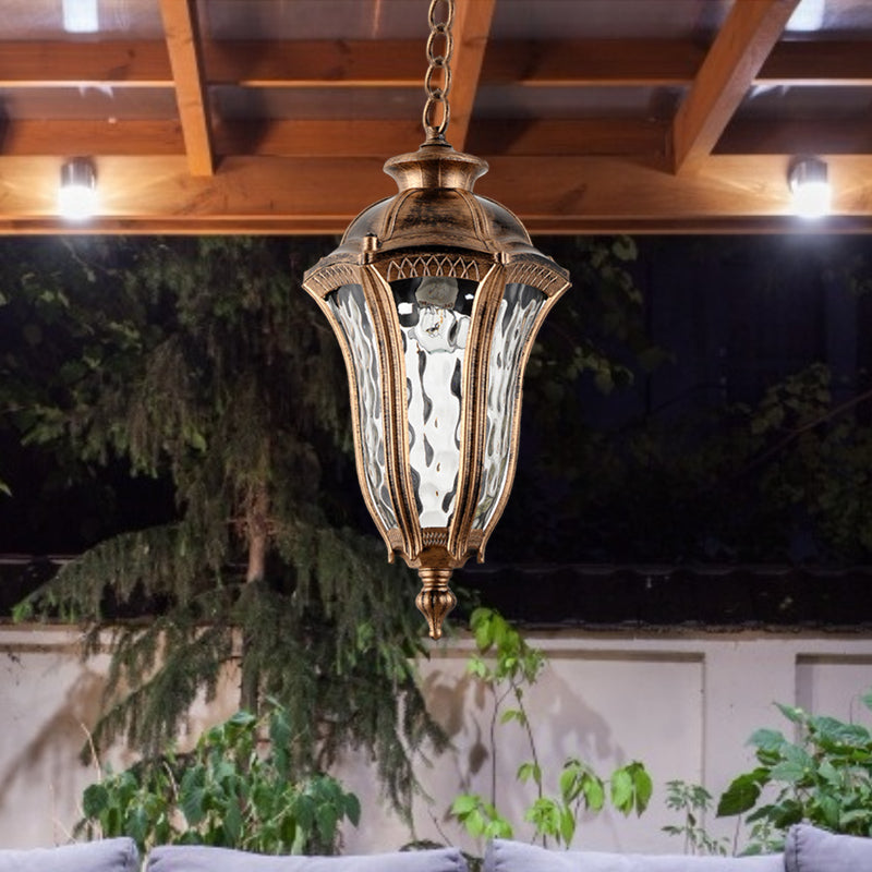 Lodge Urn-Shaped Pendant Light In Bronze - 1-Light Clear Ripple Glass Hanging Ceiling Fixture