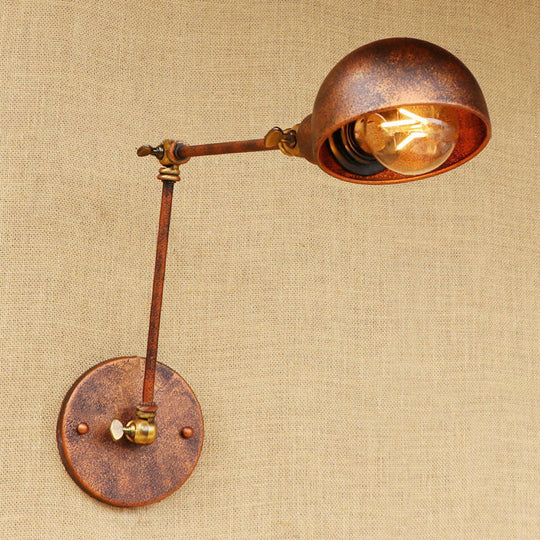 Antique Rust Metal Wall Sconce With Swing Arm For Study Room - 1 Light Bowl Fixture / 12+8