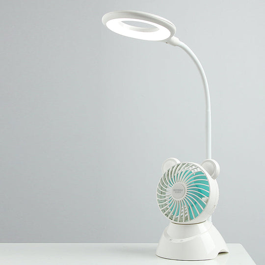 Flexible Led Study Light With Mini Fan - White Macaron Desk Lamp For Kids Room Halo Ring Design