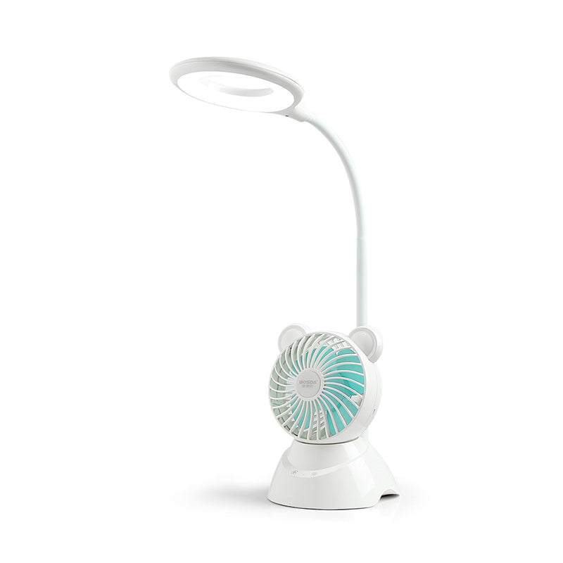 Flexible Led Study Light With Mini Fan - White Macaron Desk Lamp For Kids Room Halo Ring Design