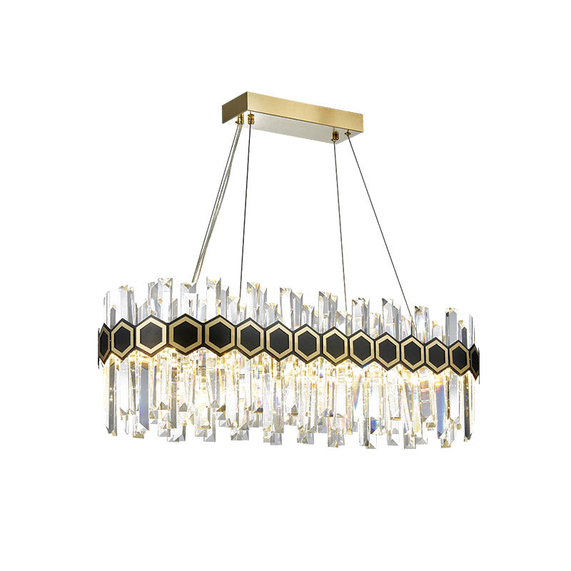 Fluted Crystal Island Lamp: Mid-Century Led Pendant Light In Black-Gold For Dining Room
