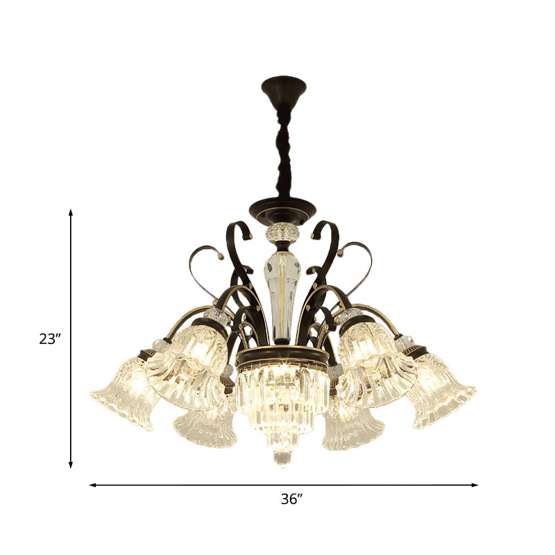 Clear Glass Chandelier With Black Bell Design - 6/8 Heads For Countryside Living Room Ceiling