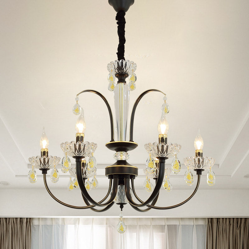 Retro Iron Candle Chandelier With Crystal Accent - Black & Gold 6/8-Bulb Hanging Light 6 /
