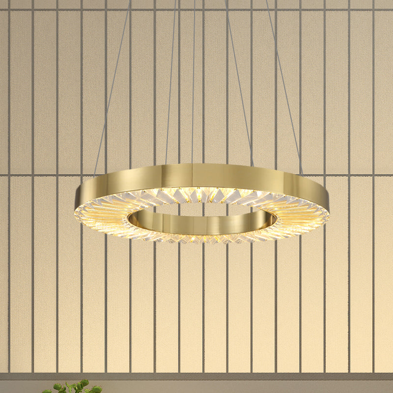 Gold Led Crystal Inserted Hanging Lamp: Minimalistic Dining Room Ceiling Chandelier