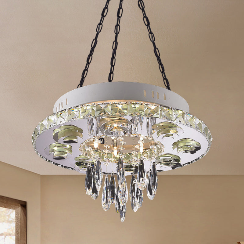 Contemporary Crystal Chandelier - White Circular Design With 6 Lights And Droplets