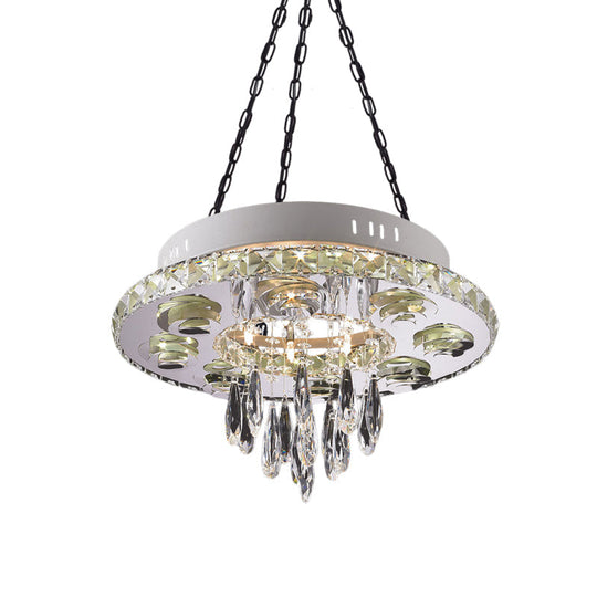 Contemporary Crystal Chandelier - White Circular Design With 6 Lights And Droplets