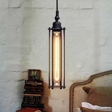 Industrial Hanging Pendant Light With Metal Wire Guard And Tube Shade In Black - Bedroom Lighting