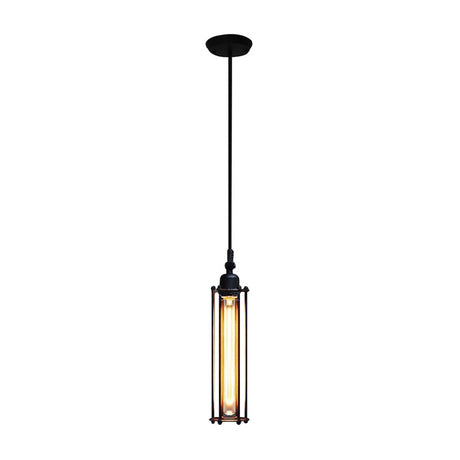 Industrial Hanging Pendant Light With Metal Wire Guard And Tube Shade In Black - Bedroom Lighting