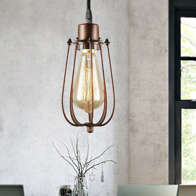 Rustic Iron Pendant Ceiling Light With Copper Finish - Farmhouse Bulb Shape & Wire Frame