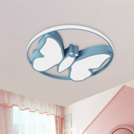 Kids Acrylic Led Butterfly Flush Mount Light With Glow Hoop In White/Pink/Blue