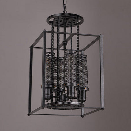 Black Metal Pendant Light With Inner Cylindrical Shade - Antique Style 4 Lights Indoor Chandelier