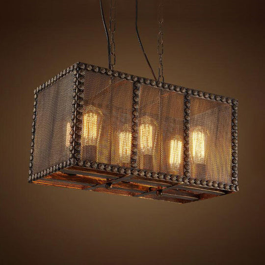 Antique Style 6-Light Rust Rectangle Chandelier With Mesh Screen And Rivets - Indoor Ceiling Fixture