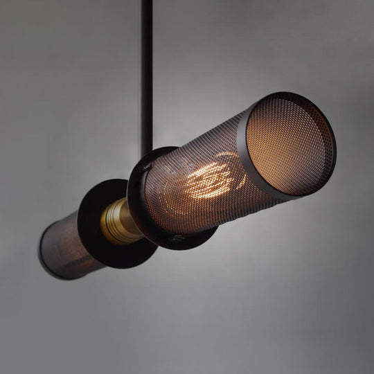 Vintage Black Cylinder Chandelier Lamp: Mesh Shade, Iron Frame, 2-Light Pendant