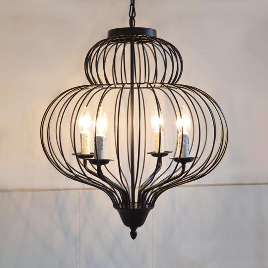 Vintage Style Metal Black Ceiling Light: Large Pendant Lighting with Gourd Cage Shade, 4 Lights & Candle