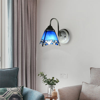 Mediterranean White Wall Sconce Lamp With Blue Glass Shade For Living Room