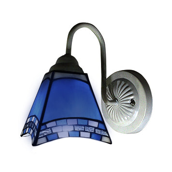 Mediterranean White Wall Sconce Lamp With Blue Glass Shade For Living Room