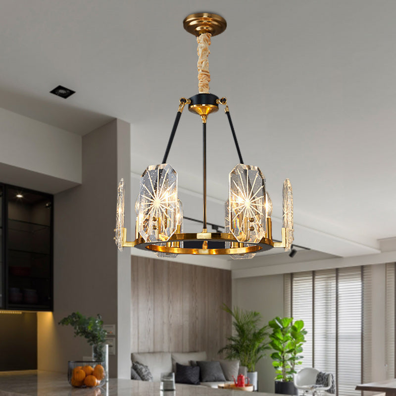 Gold Circular Crystal Panels Chandelier - Postmodern 6-Head Living Room Pendant Light