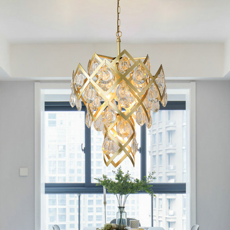 Gold Mid Century Crisscross Chandelier with 4 Faceted Crystal Pendant Lights
