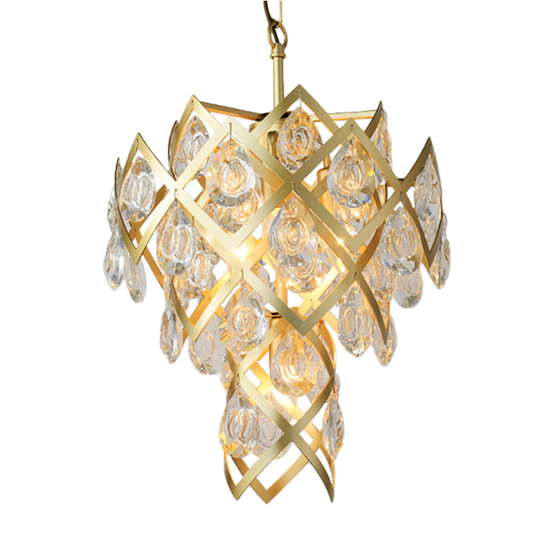 Gold Mid Century Crisscross Chandelier with 4 Faceted Crystal Pendant Lights