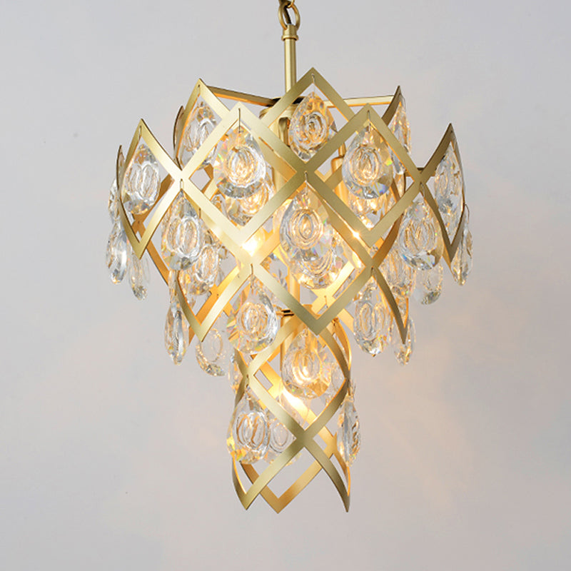 Gold Mid Century Crisscross Chandelier with 4 Faceted Crystal Pendant Lights