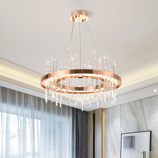 Modern Crystal Strip Led Chandelier - Rose Gold Circle Ceiling Lamp For Bedroom