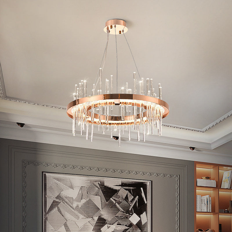 Modern Crystal Strip LED Chandelier - Rose Gold Circle Ceiling Suspension Lamp for Bedroom
