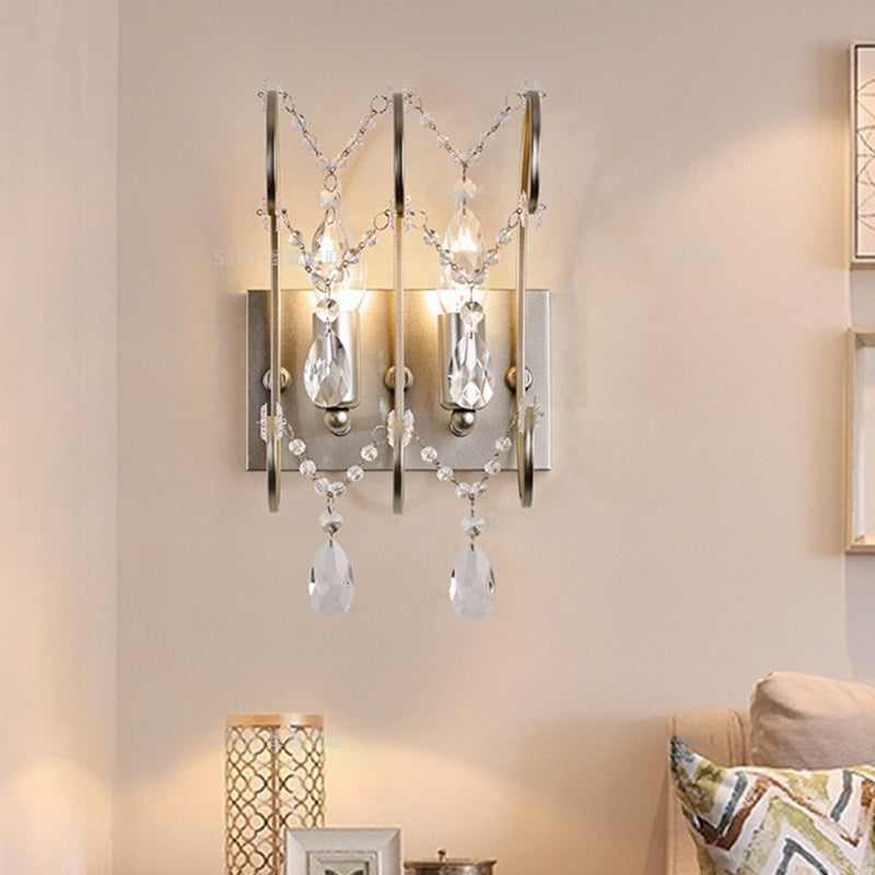 Contemporary Crystal Strand Sconce With 2-Lights And Silver Rod - Wall Mounted For Bedroom