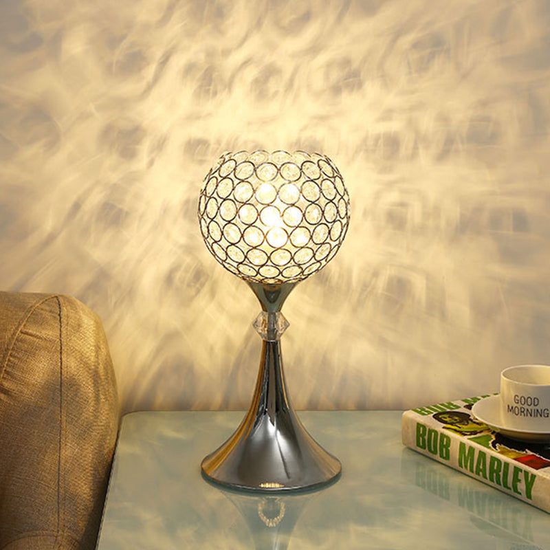 Ylenia - Silver Crystal Inserted Silver Table Light Curved Shape 1 Head Lounge Night Lamp with Half Globe Lampshade