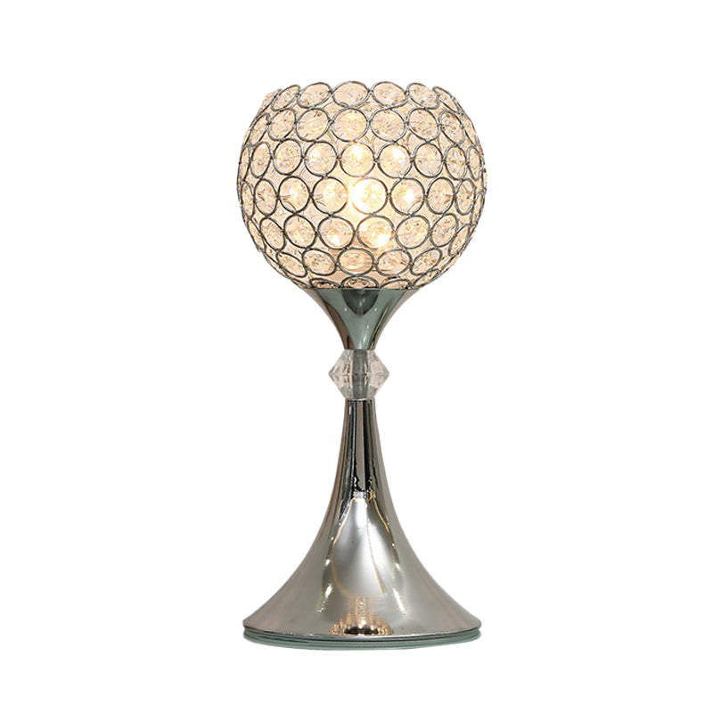 Silver Curved Crystal-Infused Table Light With Globe Lampshade - Lounge Night Lamp