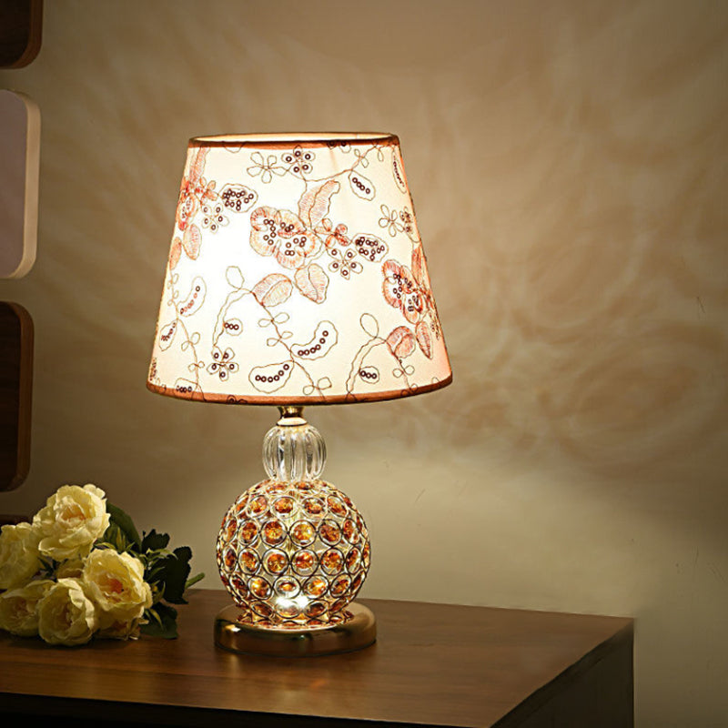 Tan Table Lamp With Floral Fabric Tapered Shade And Crystal Embedded Ball Base - Countryside